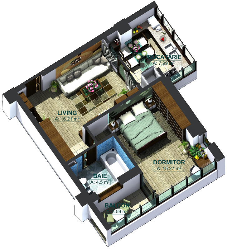 Apartamente cu 2 camere tip 2D, poza 2