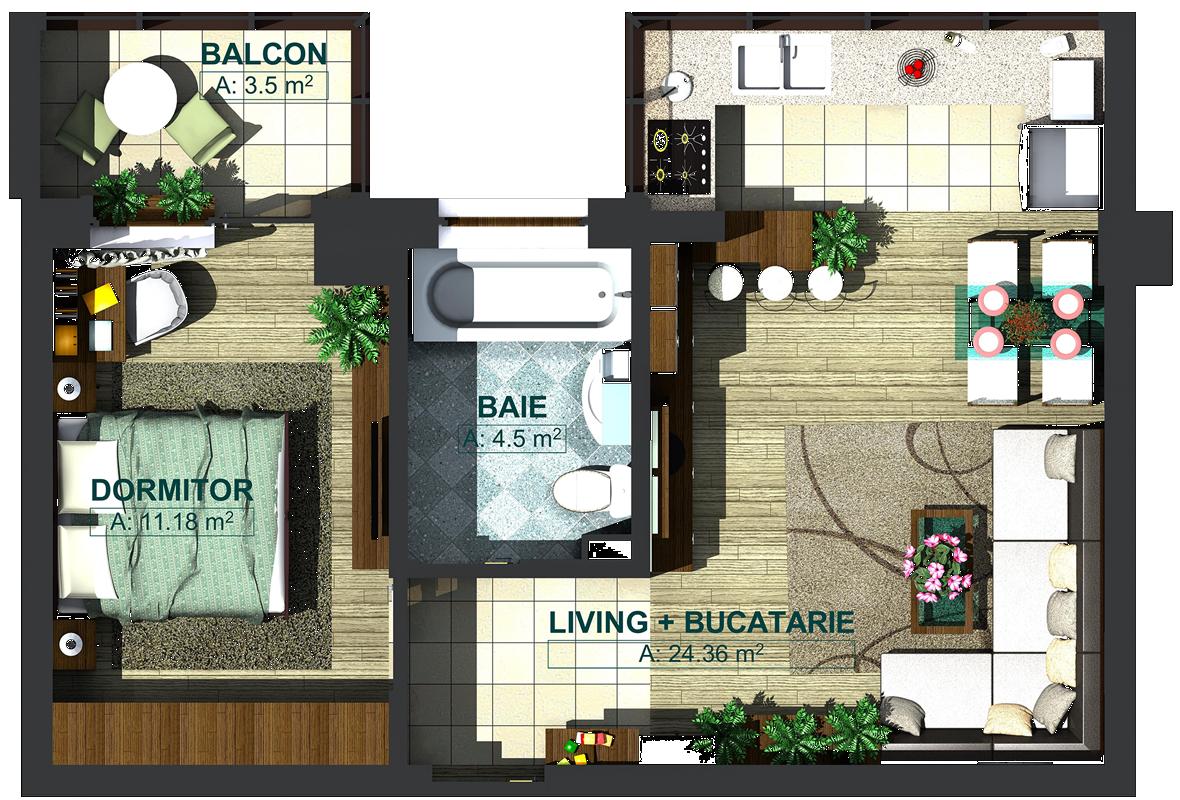 Apartamente cu 2 camere tip 2C, model 3d